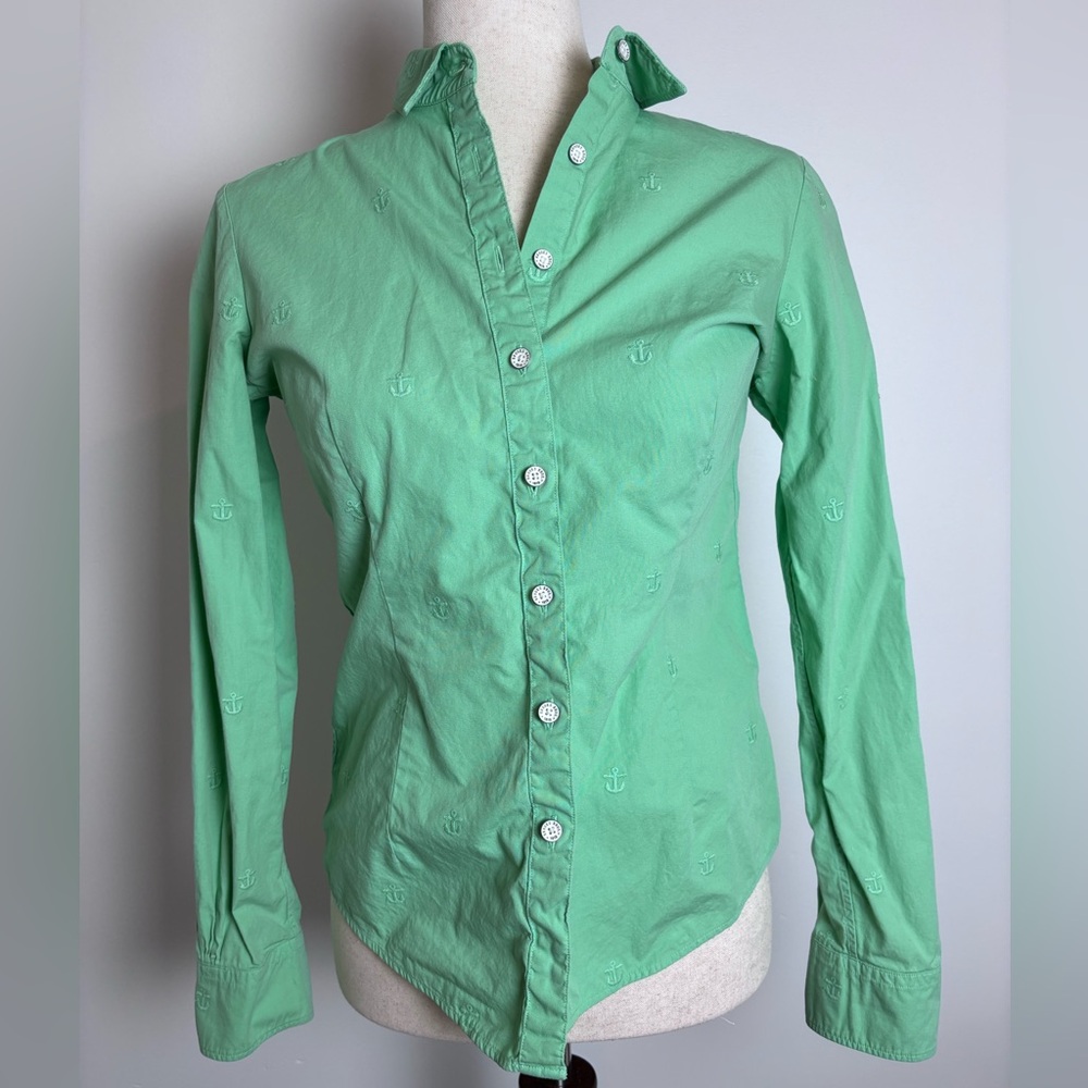 Brooks Brothers sz 2 Nautical Preppy Button Front Long Sleeve Green Dress Shirt